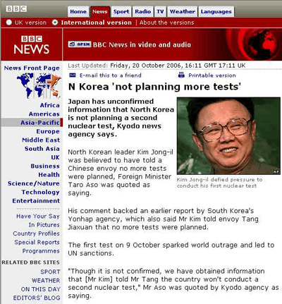 BBC titula: Corea del Norte no planea ms pruebas